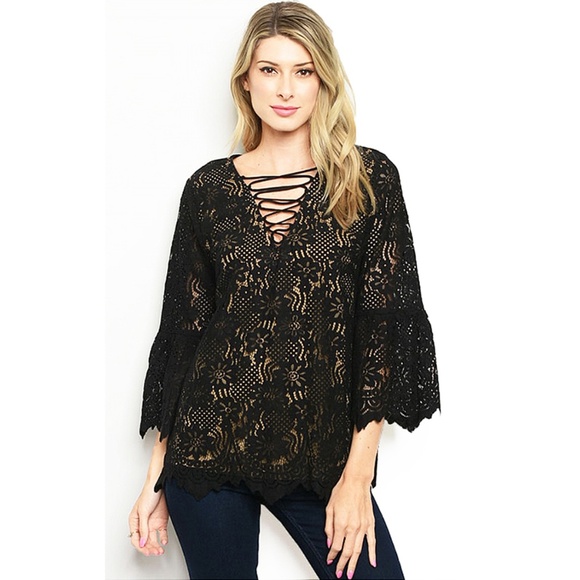 Victorian Ruffle Bell Sleeve Crochet Eyelet Blouse - Picture 2 of 7